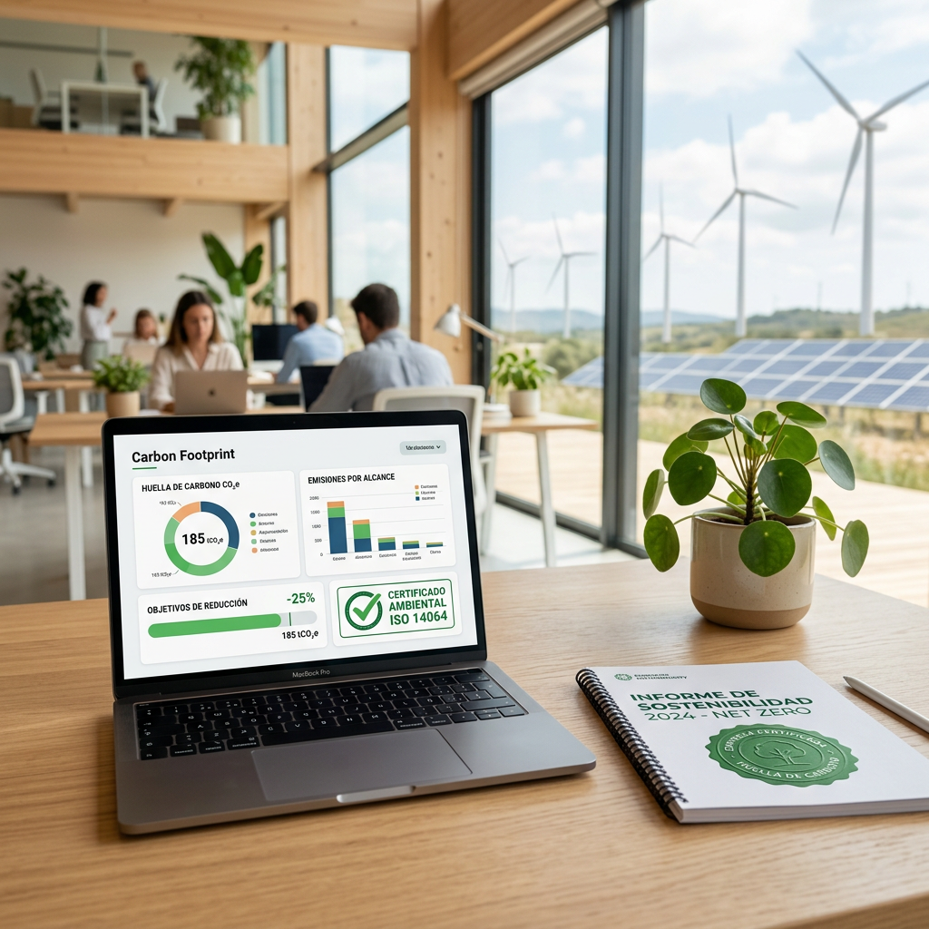 Gráficos de cálculo de huella de carbono y certificado oficial del MITECO en la pantalla de un portátil en una oficina corporativa sostenible.