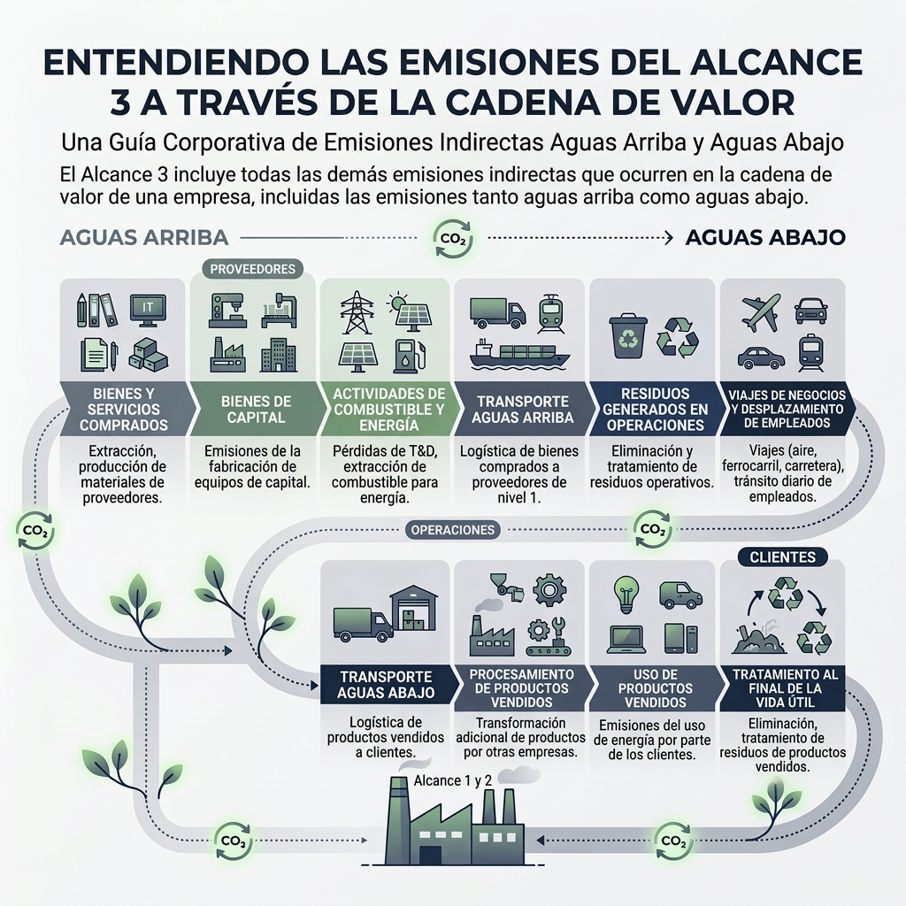 Alcance 3 de gases de efecto invernadero. Detalla las 15 categorías de emisiones aguas arriba y aguas abajo, resume la metodología de cálculo en cuatro fases y compara su impacto frente a los Alcances 1 y 2.